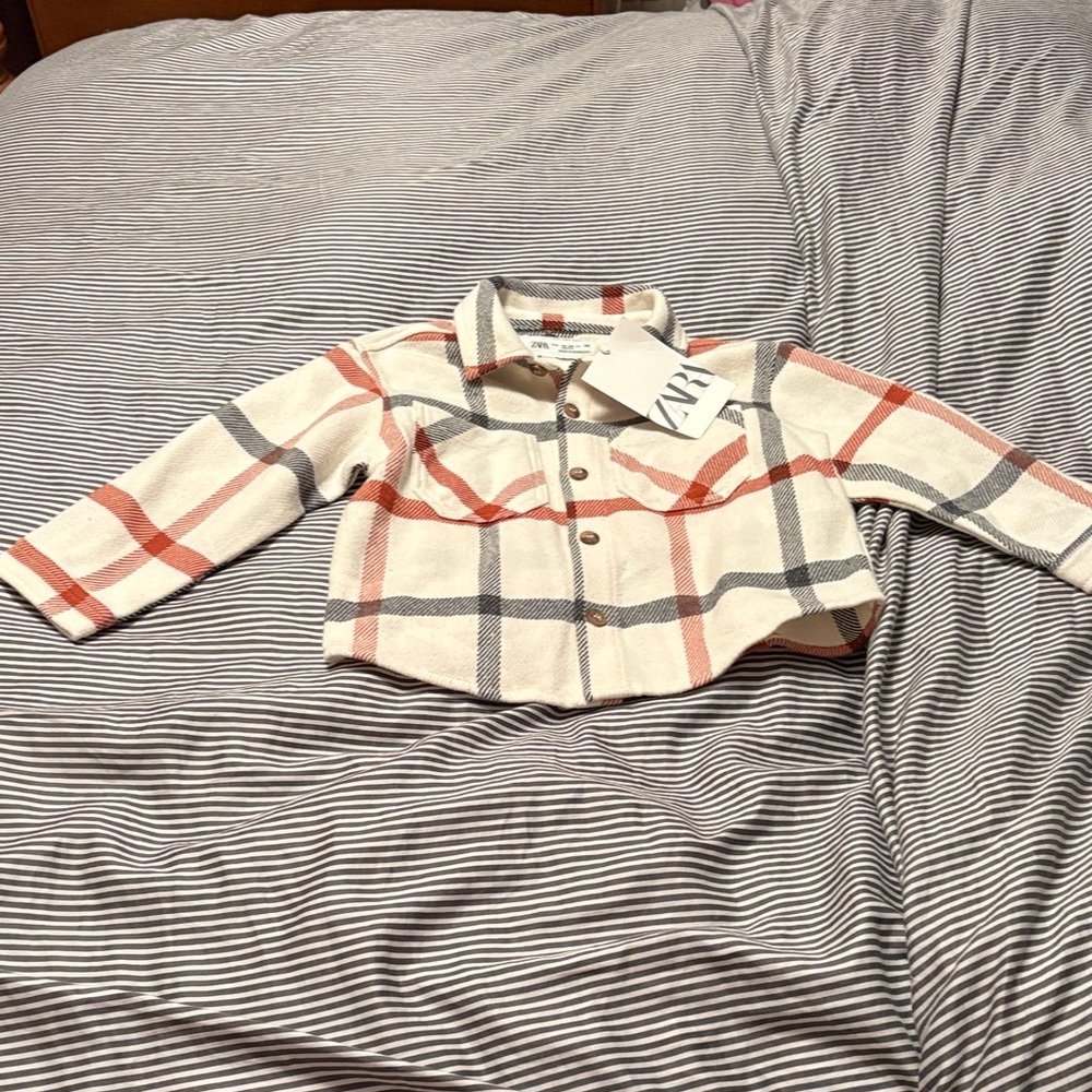 Zara Kids Plaid Button Down Shirt - Red, White, and Gray